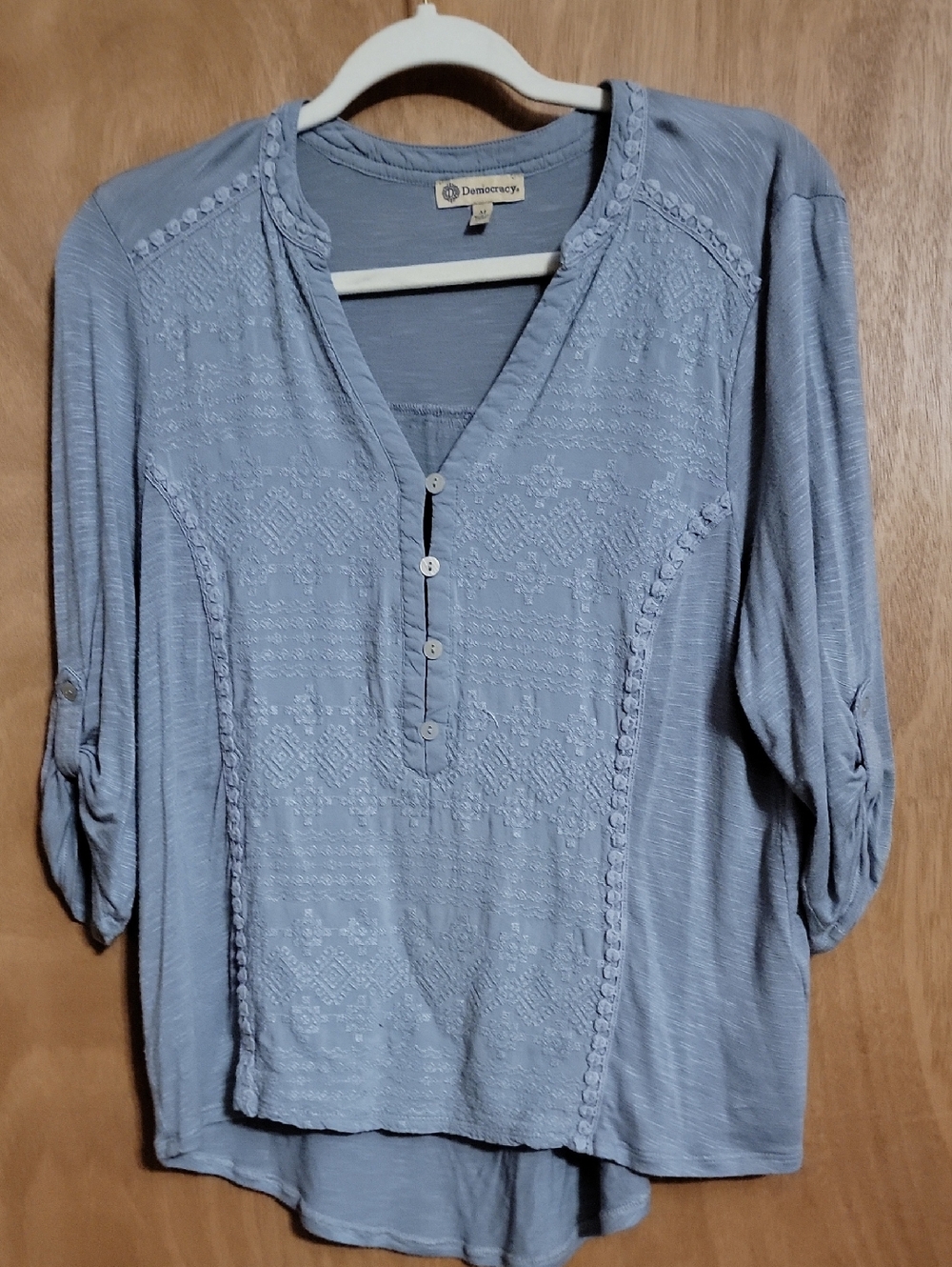 Democracy Pale Blue Embroidered V-Neck Henley Blouse